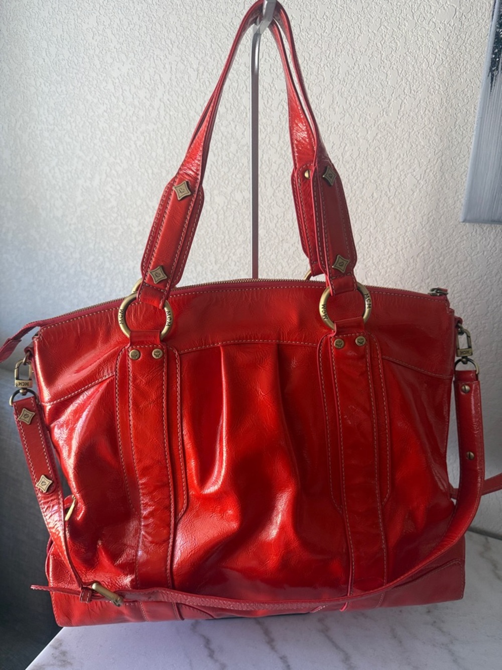 Authentic MCM München Red Patent Leather Satchel w/Crossbody Strap & Dust Bag - Picture 5 of 11